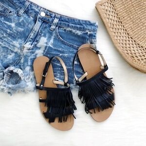 J. Crew Leather Fringe Sandal‎  Black Leather Size 7